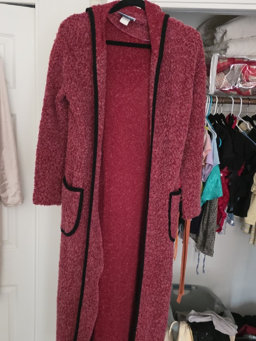 Long Open-Front Hooded Cardigan with Black Trim - Rose Vintage